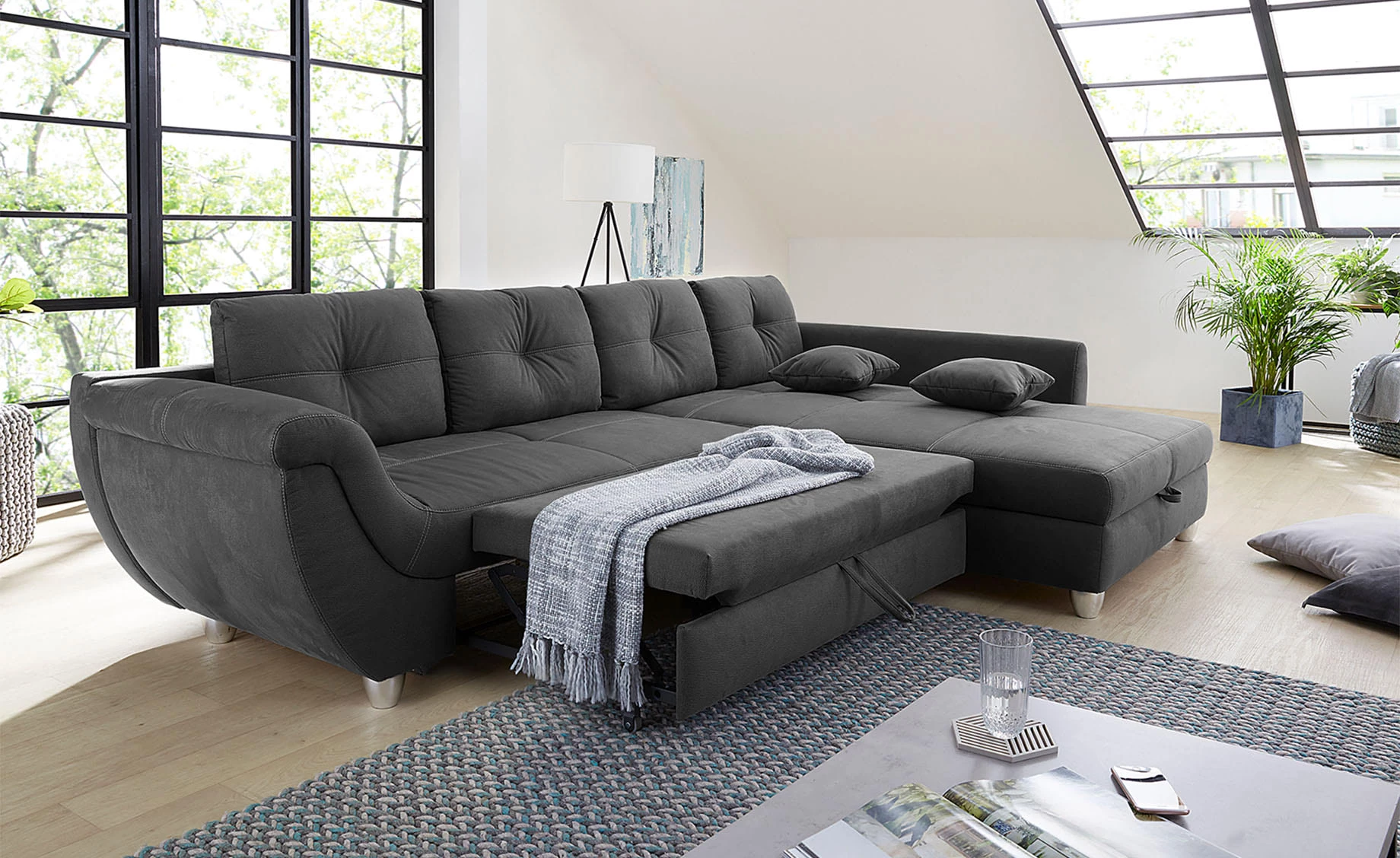 Maranello kutna garnitura sa ležajem reverzibilna tamno siva 330x07x72/90 cm