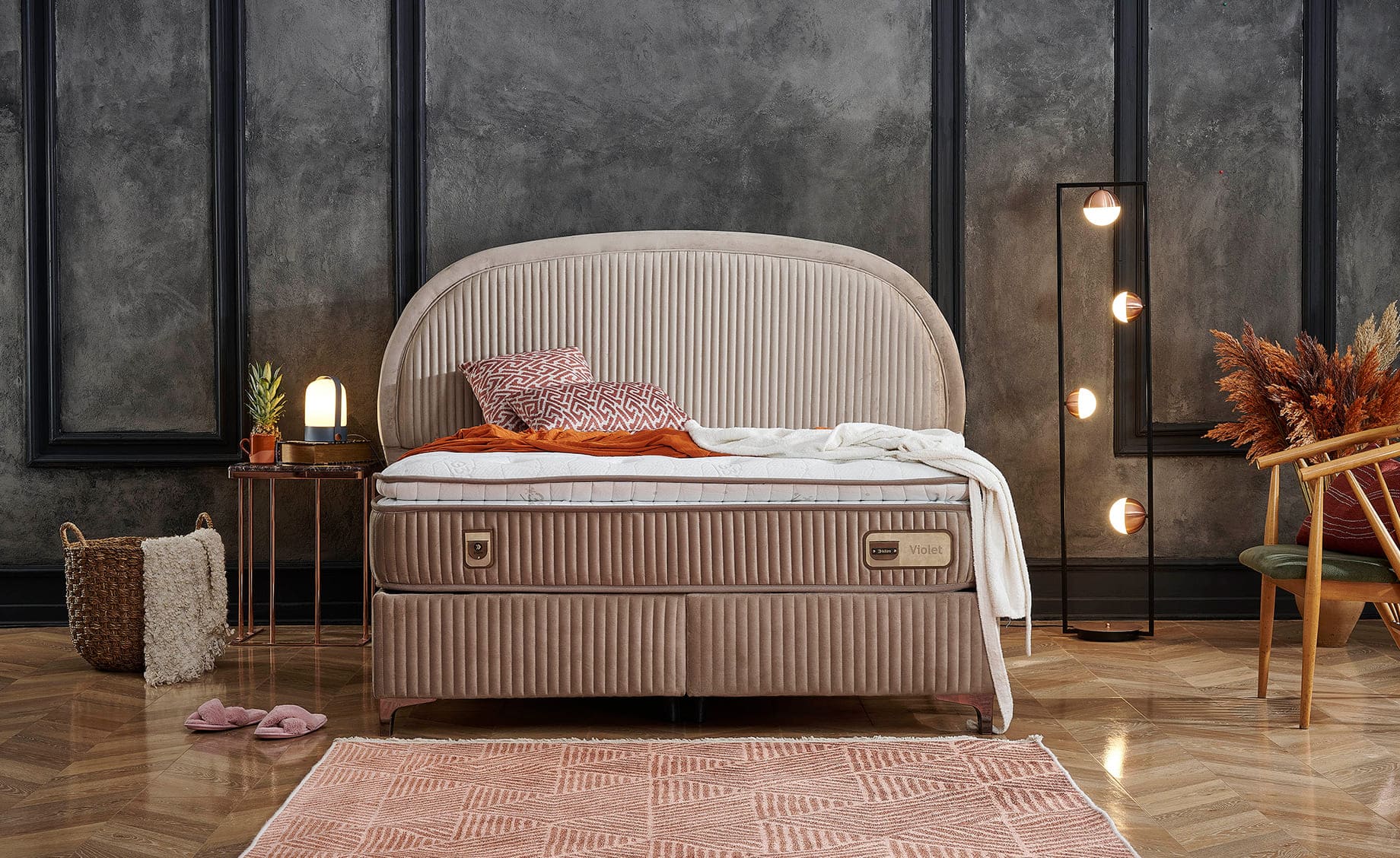Violet boxspring krevet sa prostorom za odlaganje 216x210x133/68cm