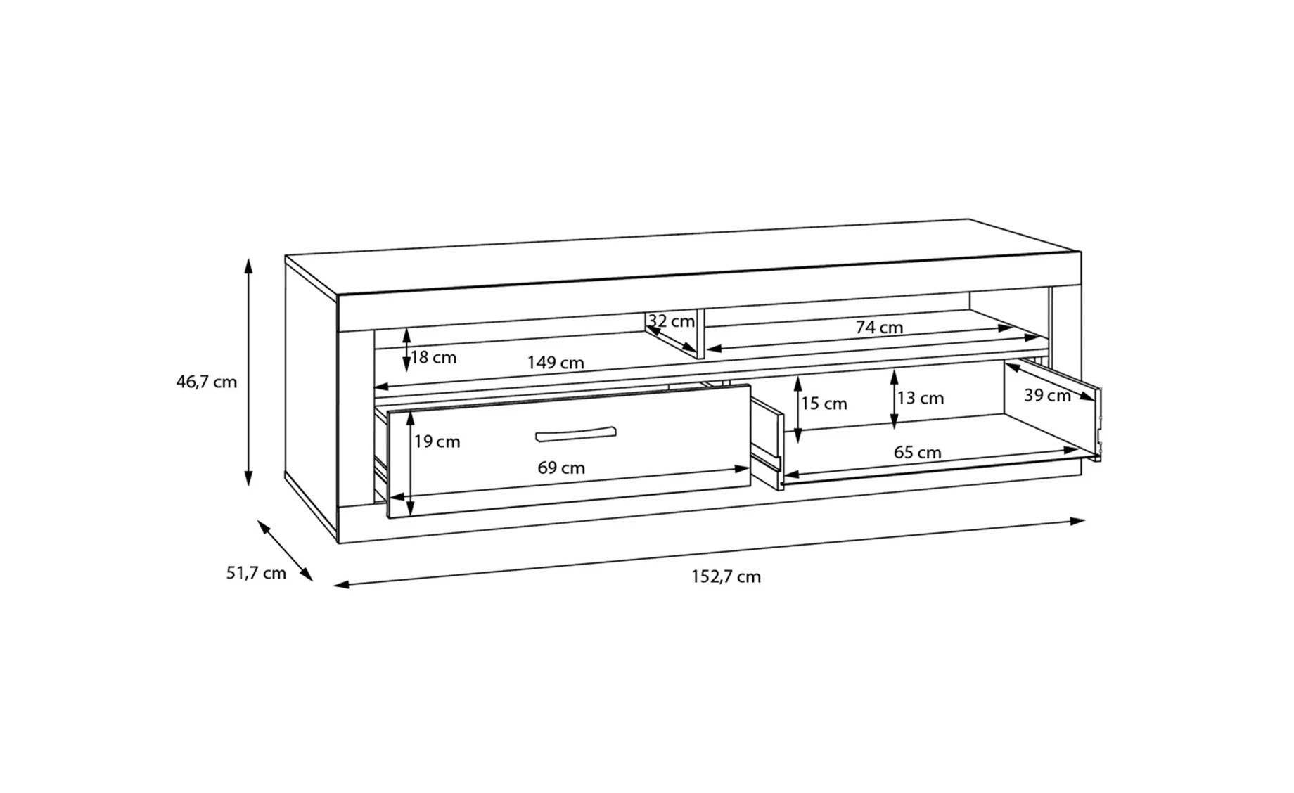Trebbia TV stalak 2 ladice+2 otvora 153x51x47 cm