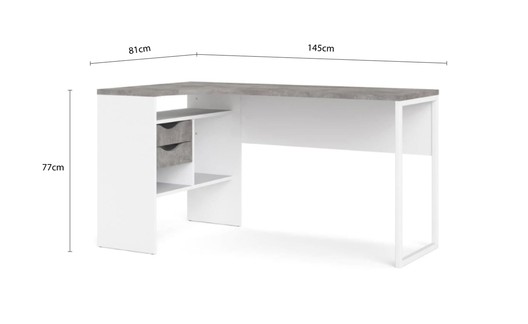 Function Plus kutni radni stol 2 ladice + 3 otvora 145,1x81x76,8 cm bijeli beton sivi