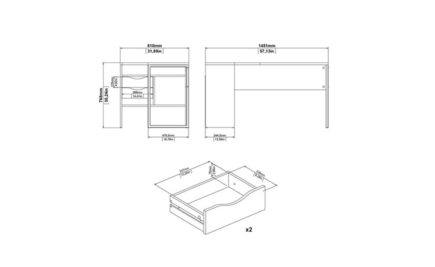 Function Plus kutni radni stol 2 ladice + 3 otvora 145,1x81x76,8 cm crni natur