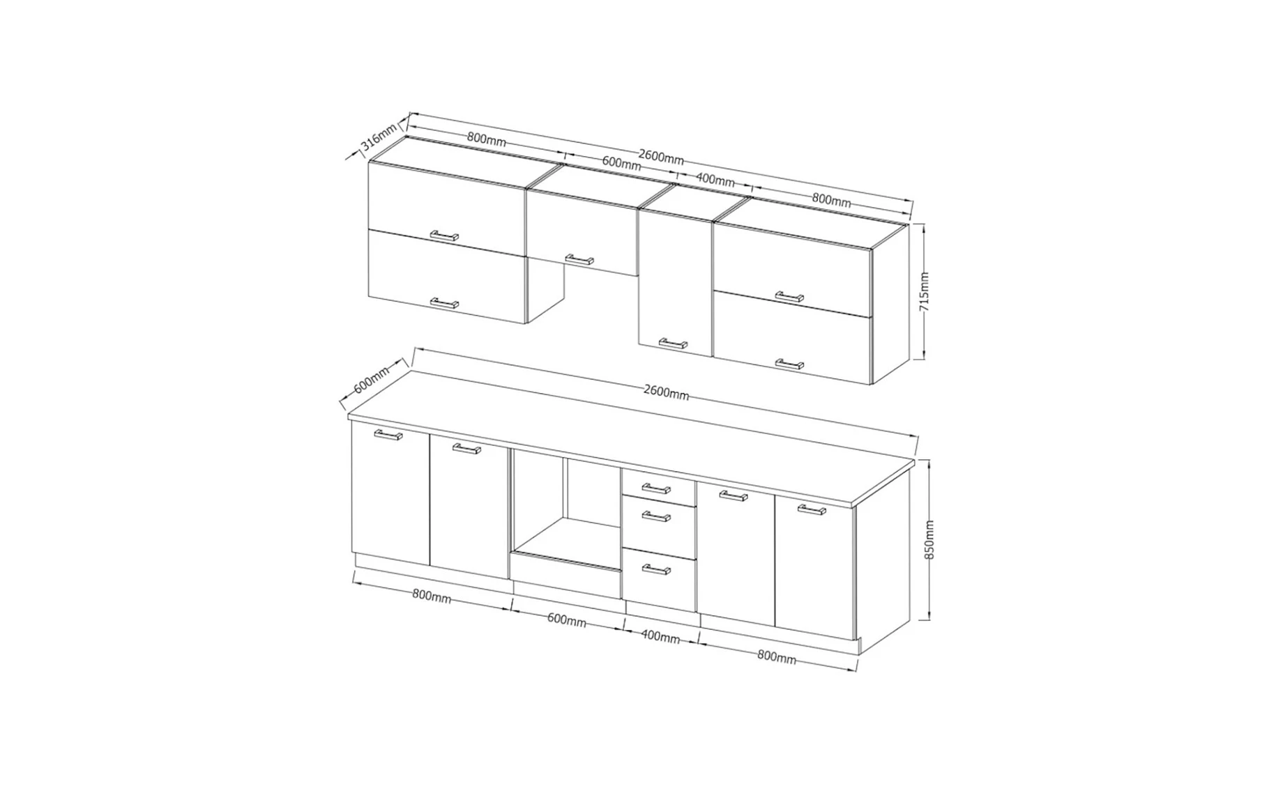 Vigo blok kuhinja 260x60x210 cm hrast bela sjaj