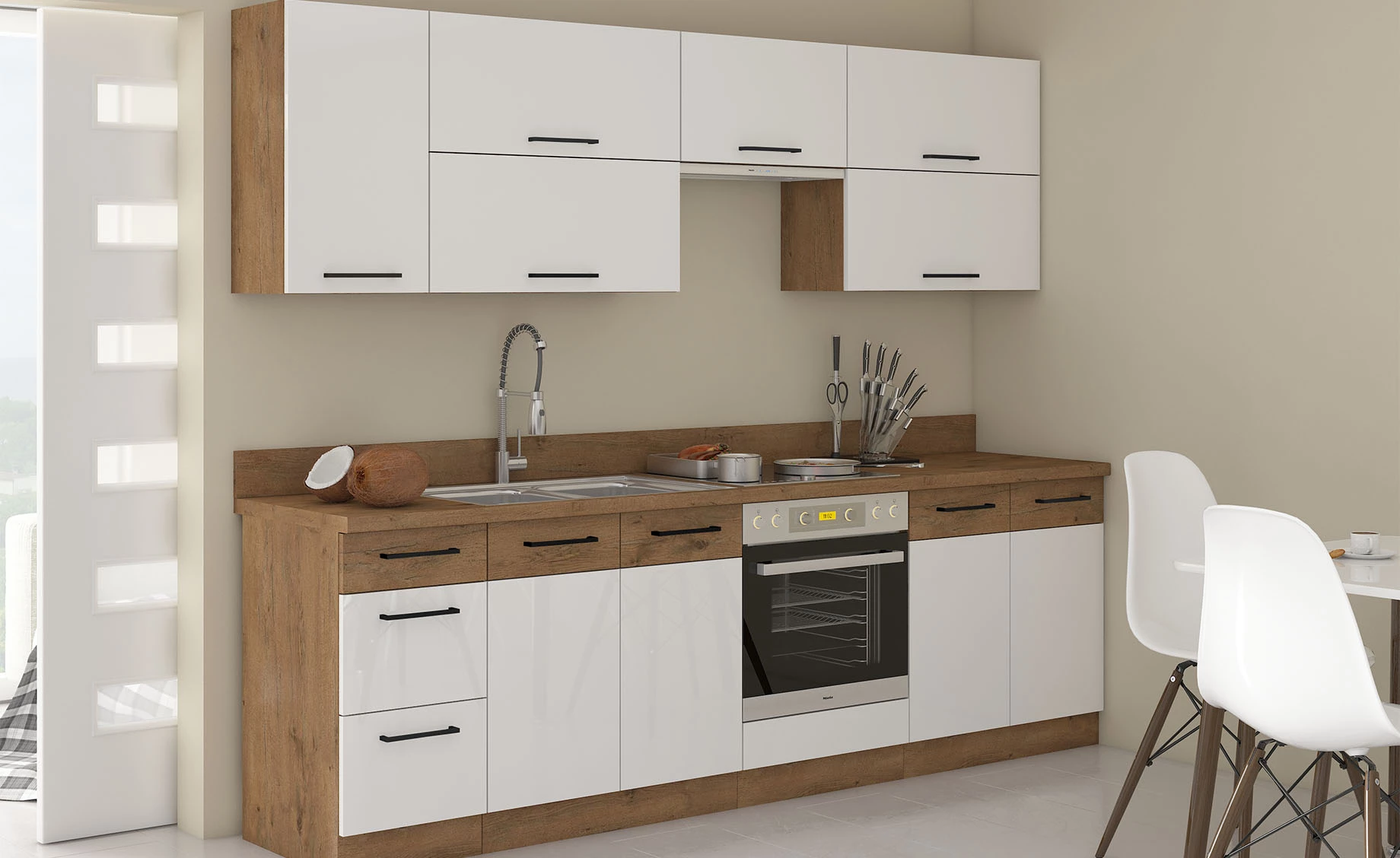 Vigo blok kuhinja 260x60x210 cm hrast bela sjaj