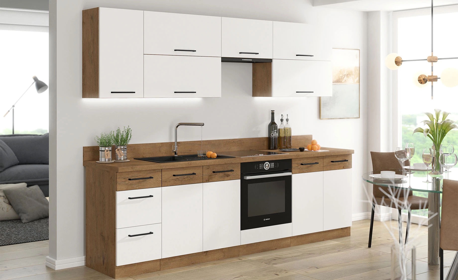 Vigo blok kuhinja 260x60x210 cm hrast bela sjaj