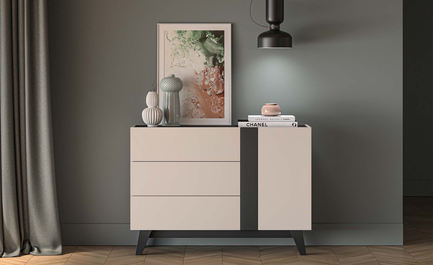 Freshion komoda 1 vrata + 3 fioke 120x40x85 cm kašmir / crna