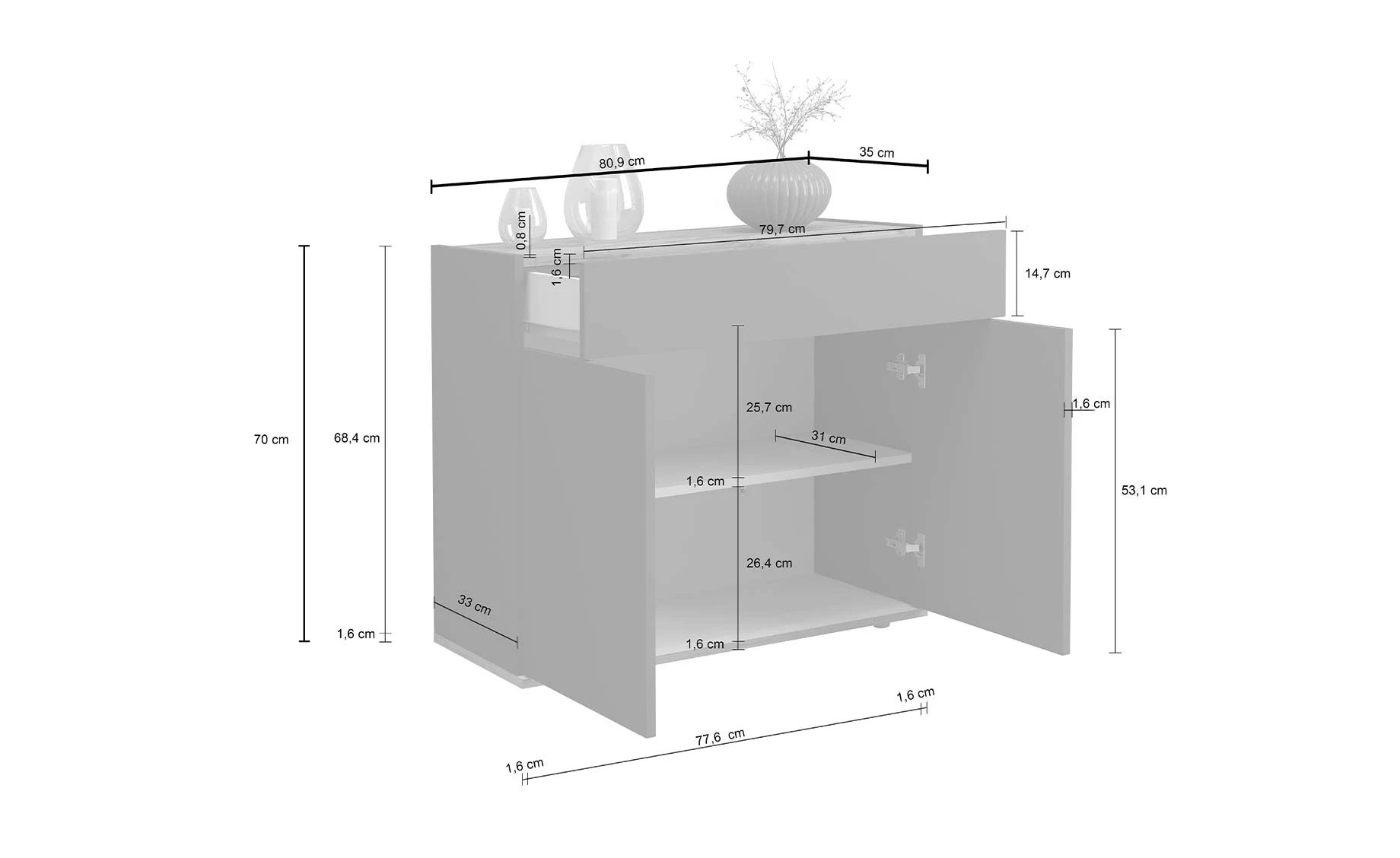 Garda komoda 2 vrata +1 fioka 80x35x70 cm bela visoki sjaj/hrast