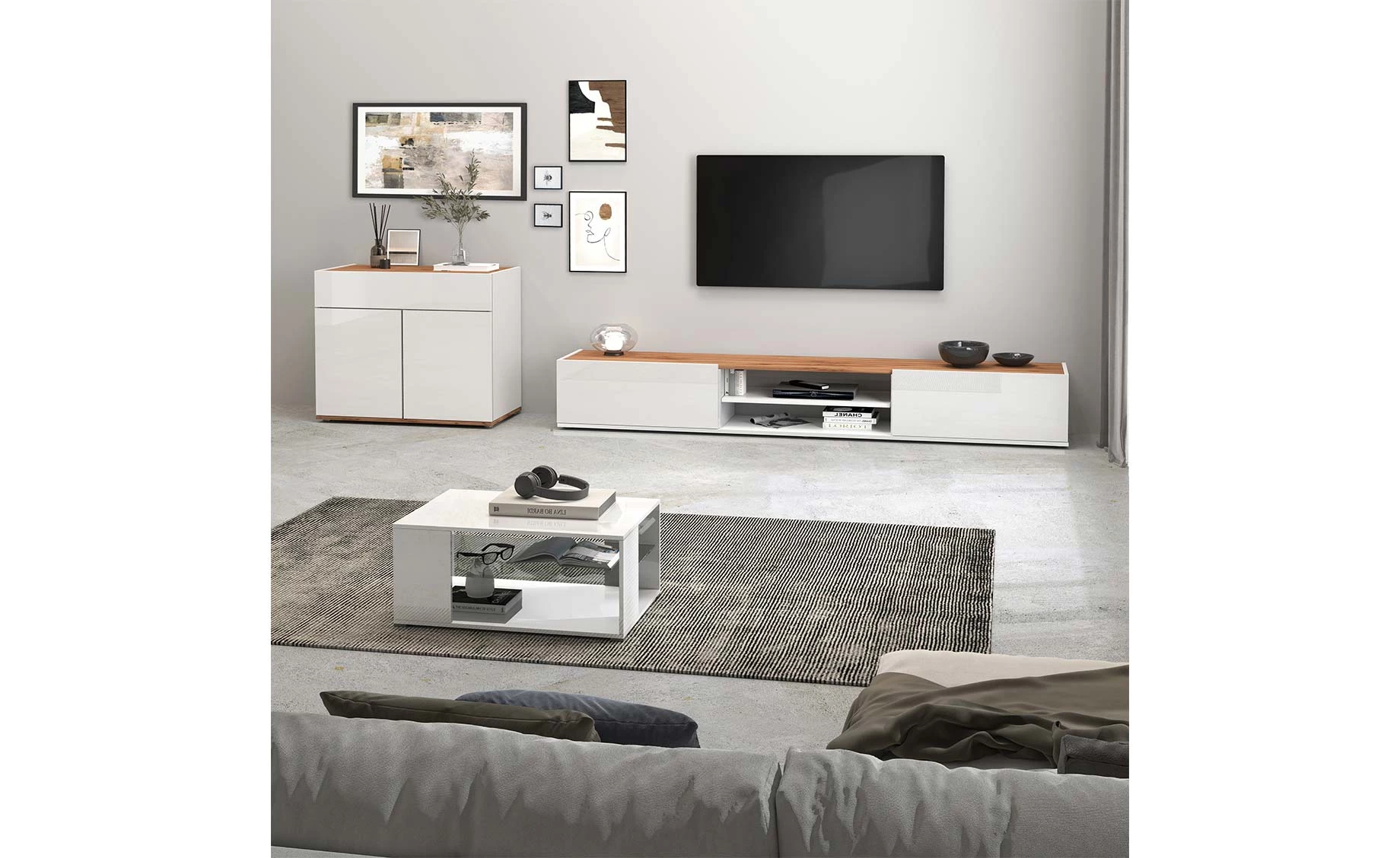 Garda komoda 2 vrata +1 fioka 80x35x70 cm bela visoki sjaj/hrast