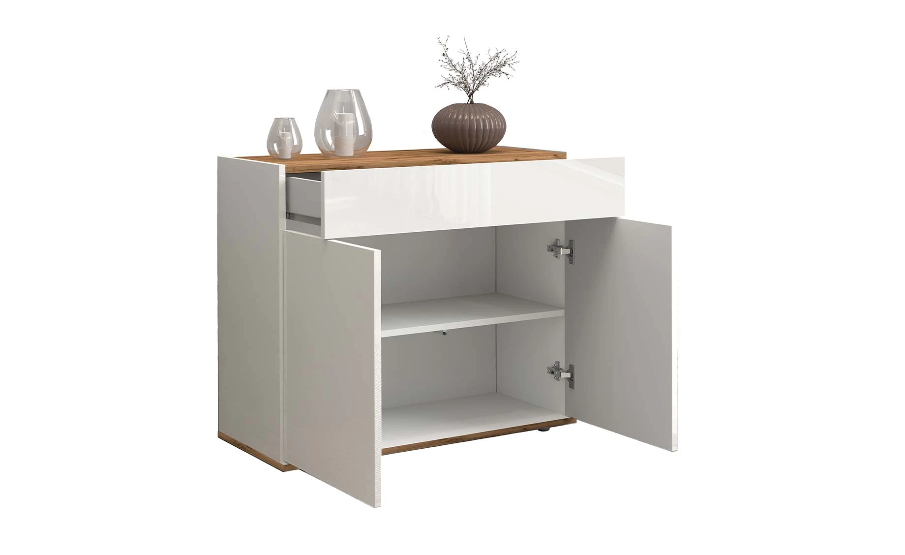 Garda komoda 2 vrata +1 fioka 80x35x70 cm bela visoki sjaj/hrast