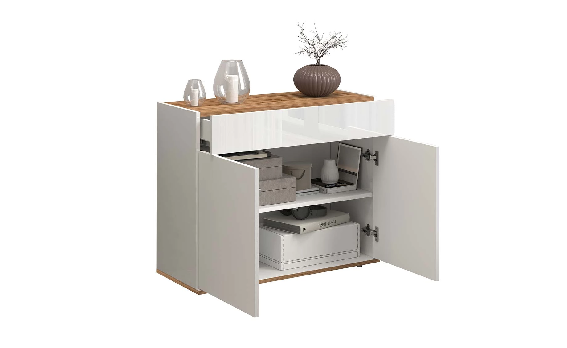 Garda komoda 2 vrata +1 fioka 80x35x70 cm bela visoki sjaj/hrast