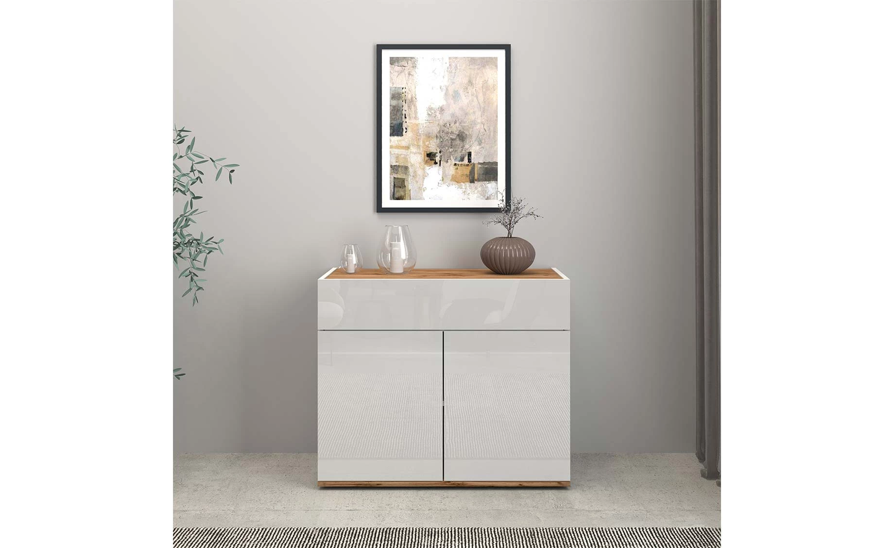 Garda komoda 2 vrata +1 fioka 80x35x70 cm bela visoki sjaj/hrast