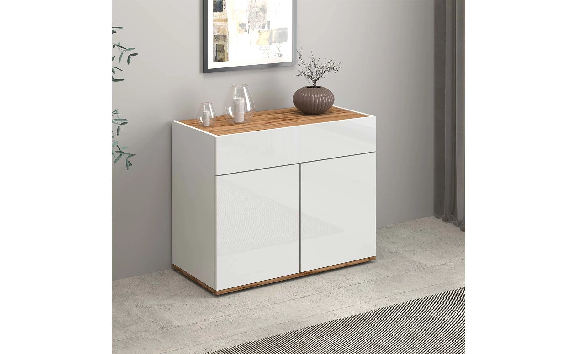 Garda komoda 2 vrata +1 fioka 80x35x70 cm bela visoki sjaj/hrast