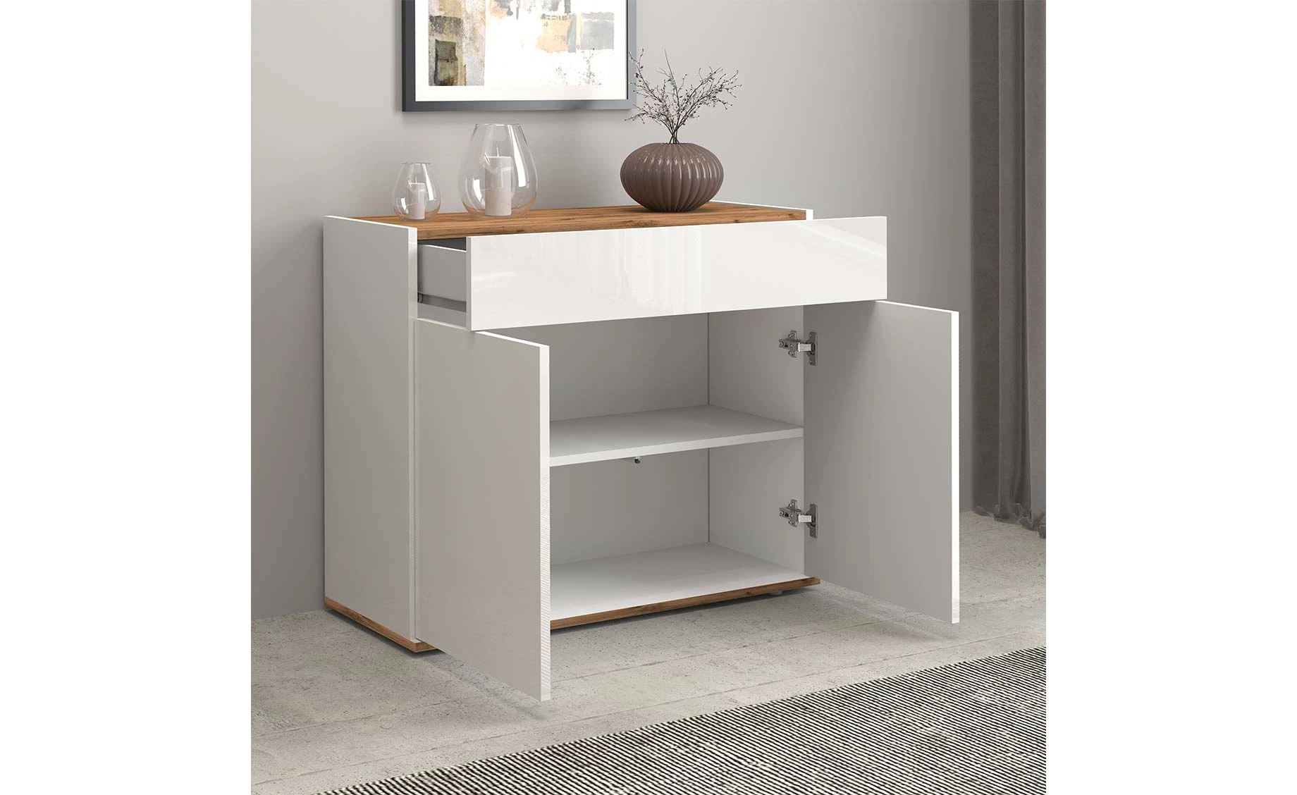 Garda komoda 2 vrata +1 fioka 80x35x70 cm bela visoki sjaj/hrast