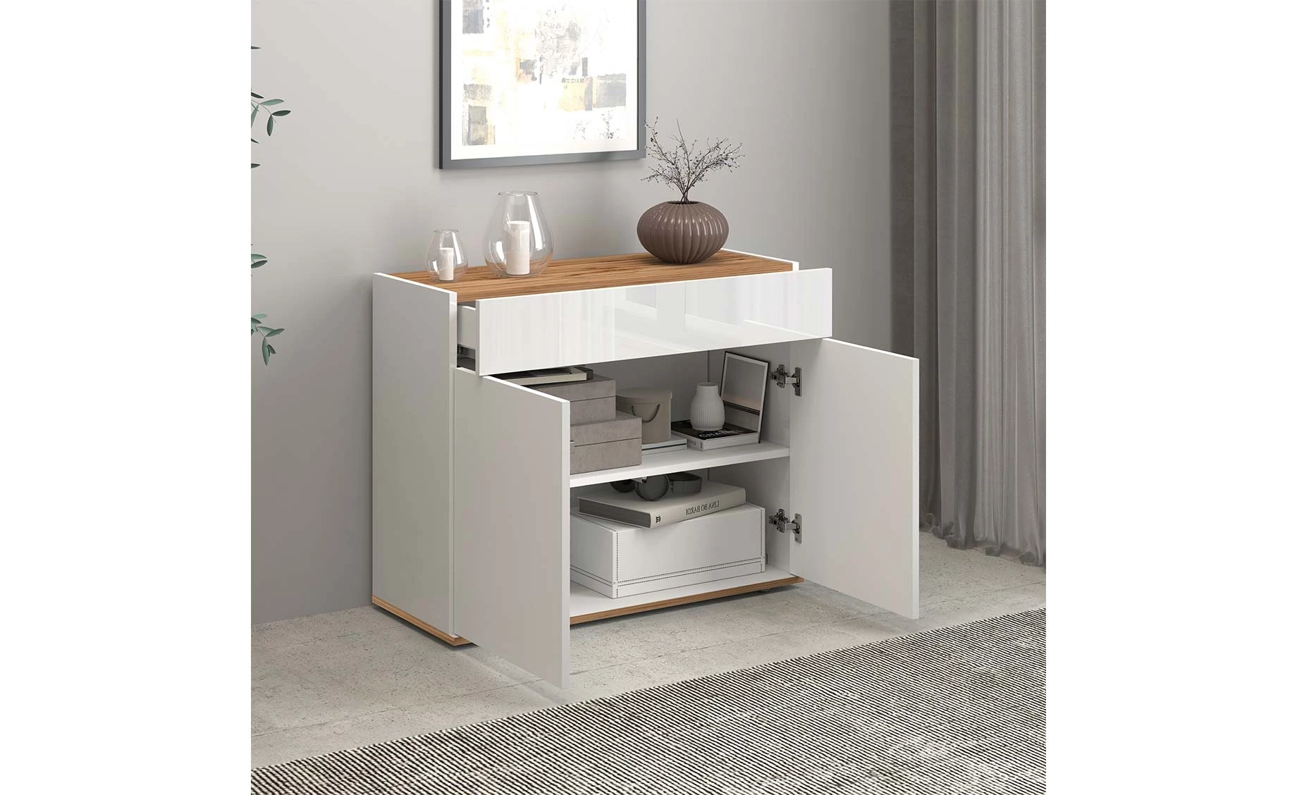 Garda komoda 2 vrata +1 fioka 80x35x70 cm bela visoki sjaj/hrast