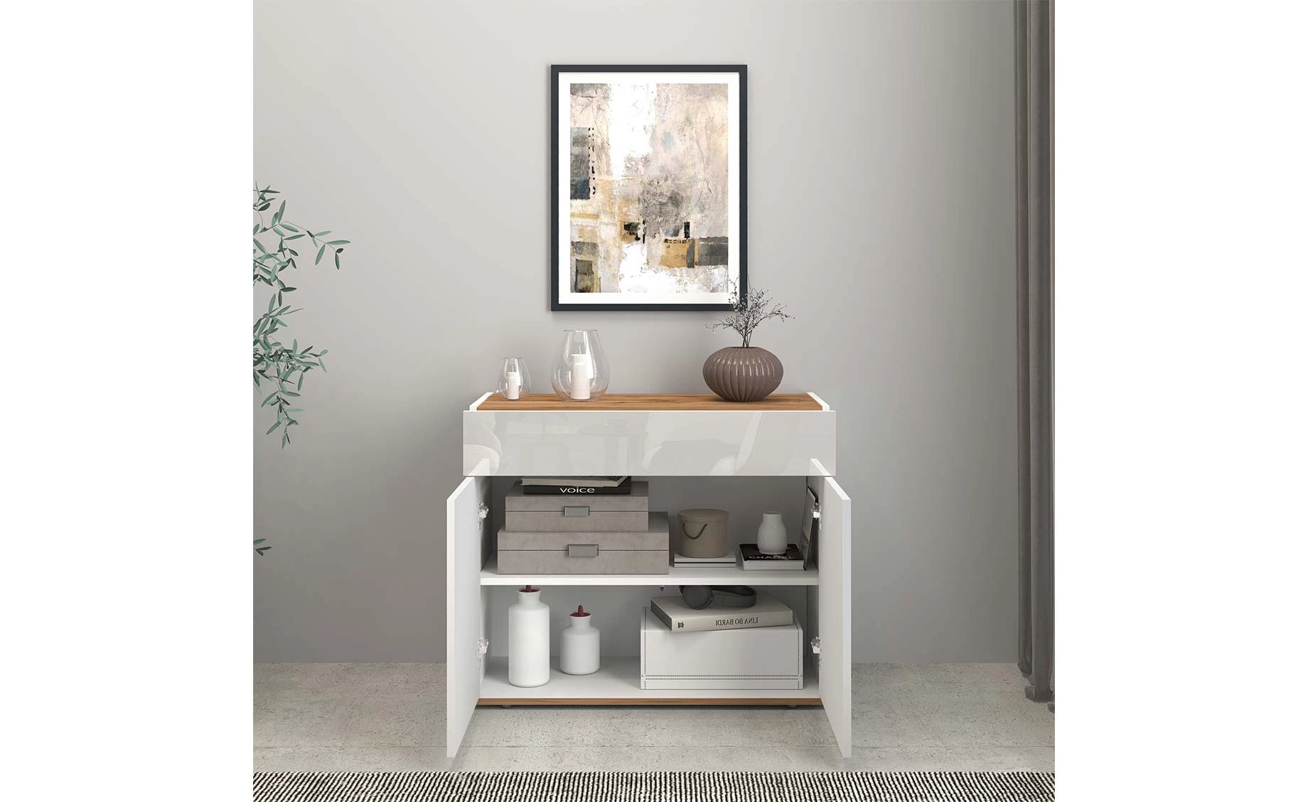 Garda komoda 2 vrata +1 fioka 80x35x70 cm bela visoki sjaj/hrast