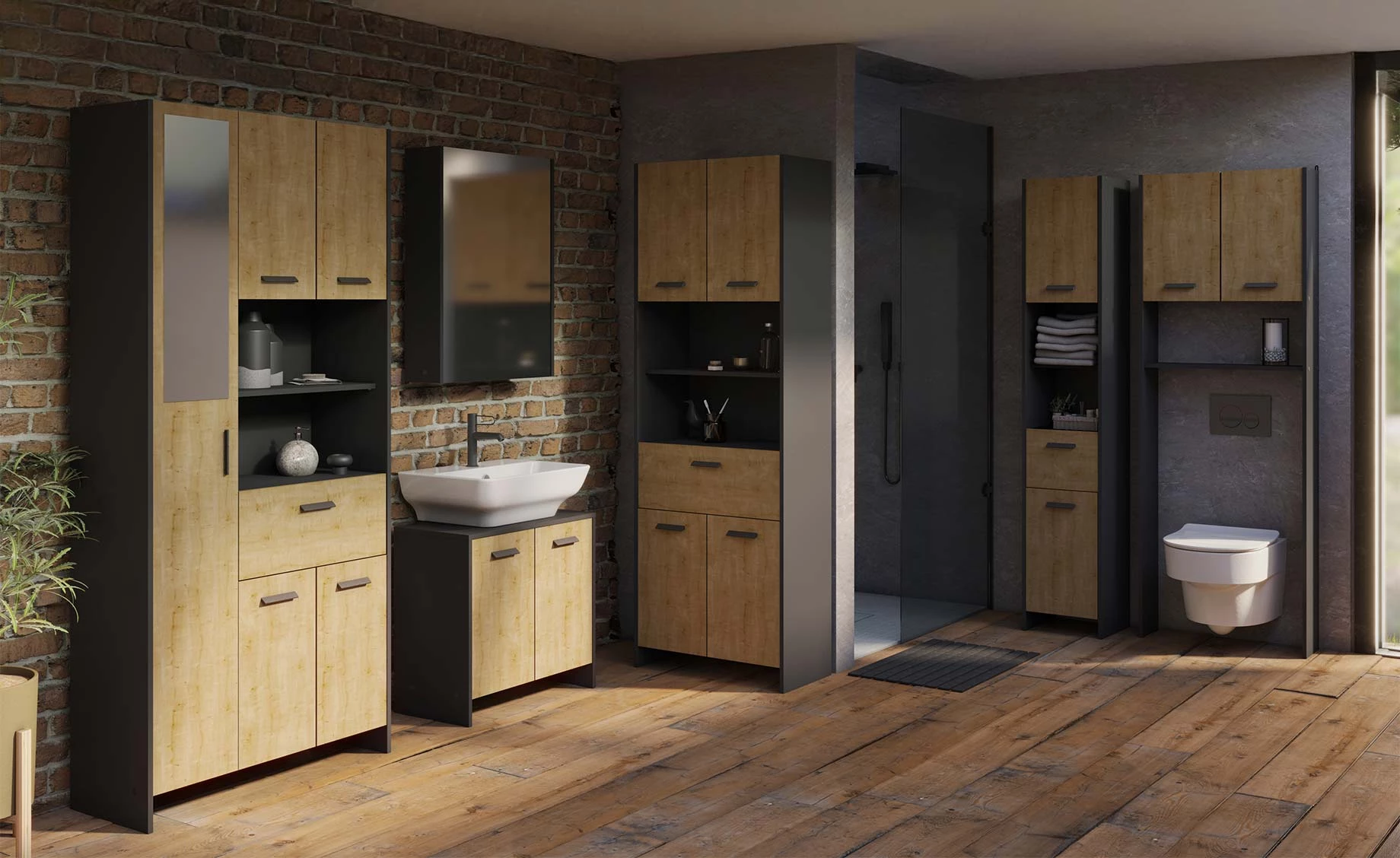 Marina visoki ormar 4 vrata + 1 fioka 64x33x185 crno/natur