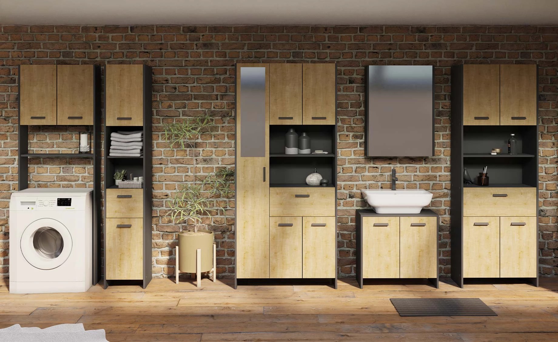 Marina visoki ormar 4 vrata + 1 fioka 64x33x185 crno/natur