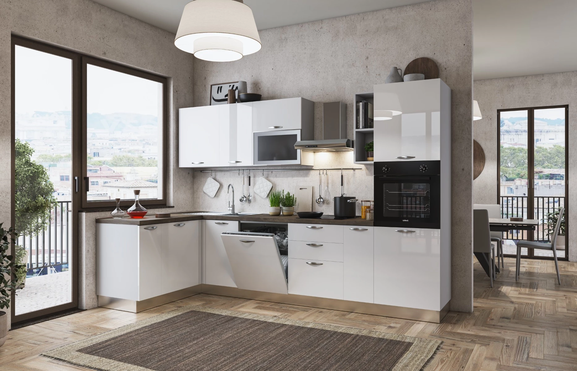 Isotta blok kuhinja kutna 317x152x216 cm bijela sjaj desna