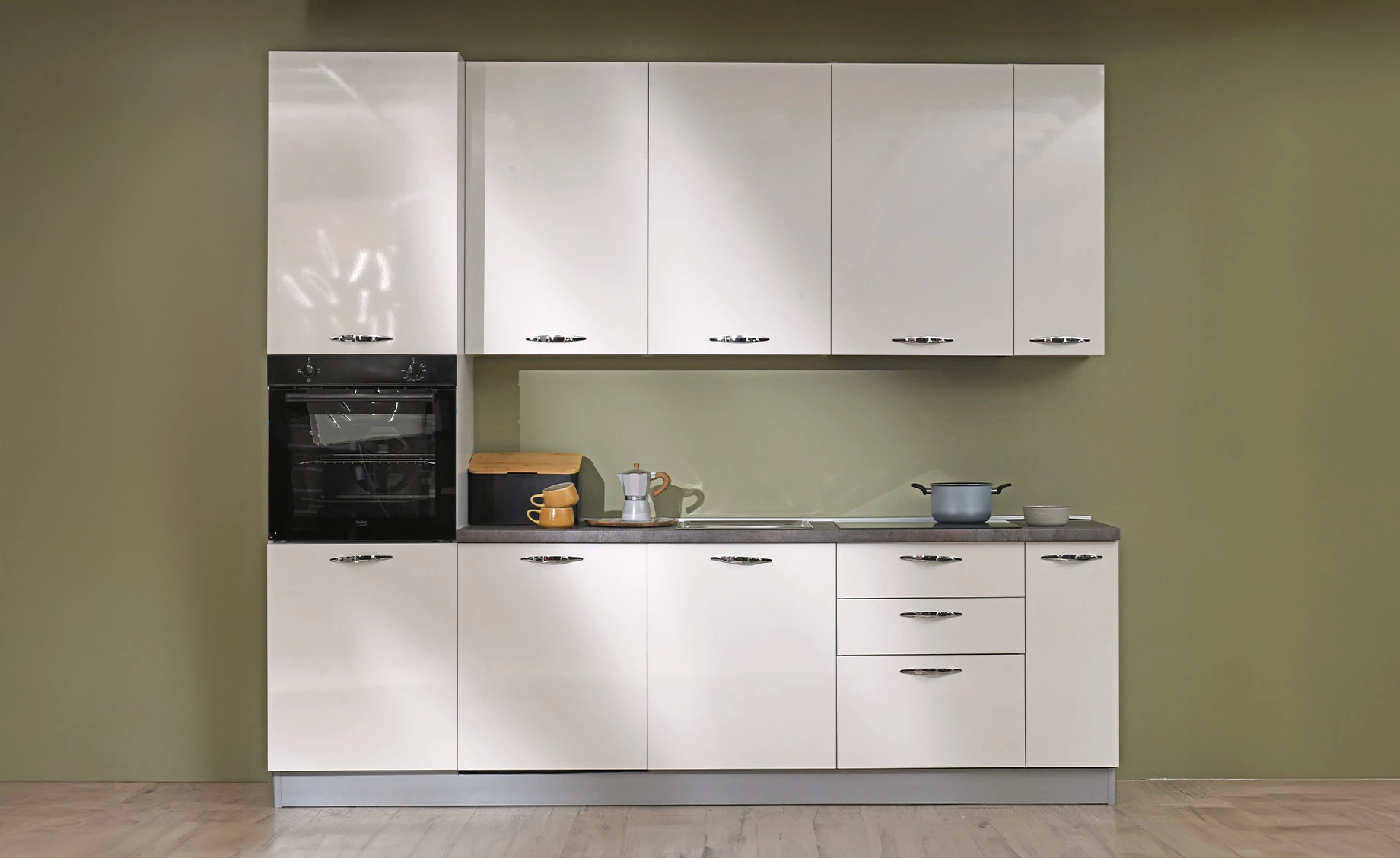  Sole blok kuhinja sa aparatima 270x60x240 cm bela sjaj leva