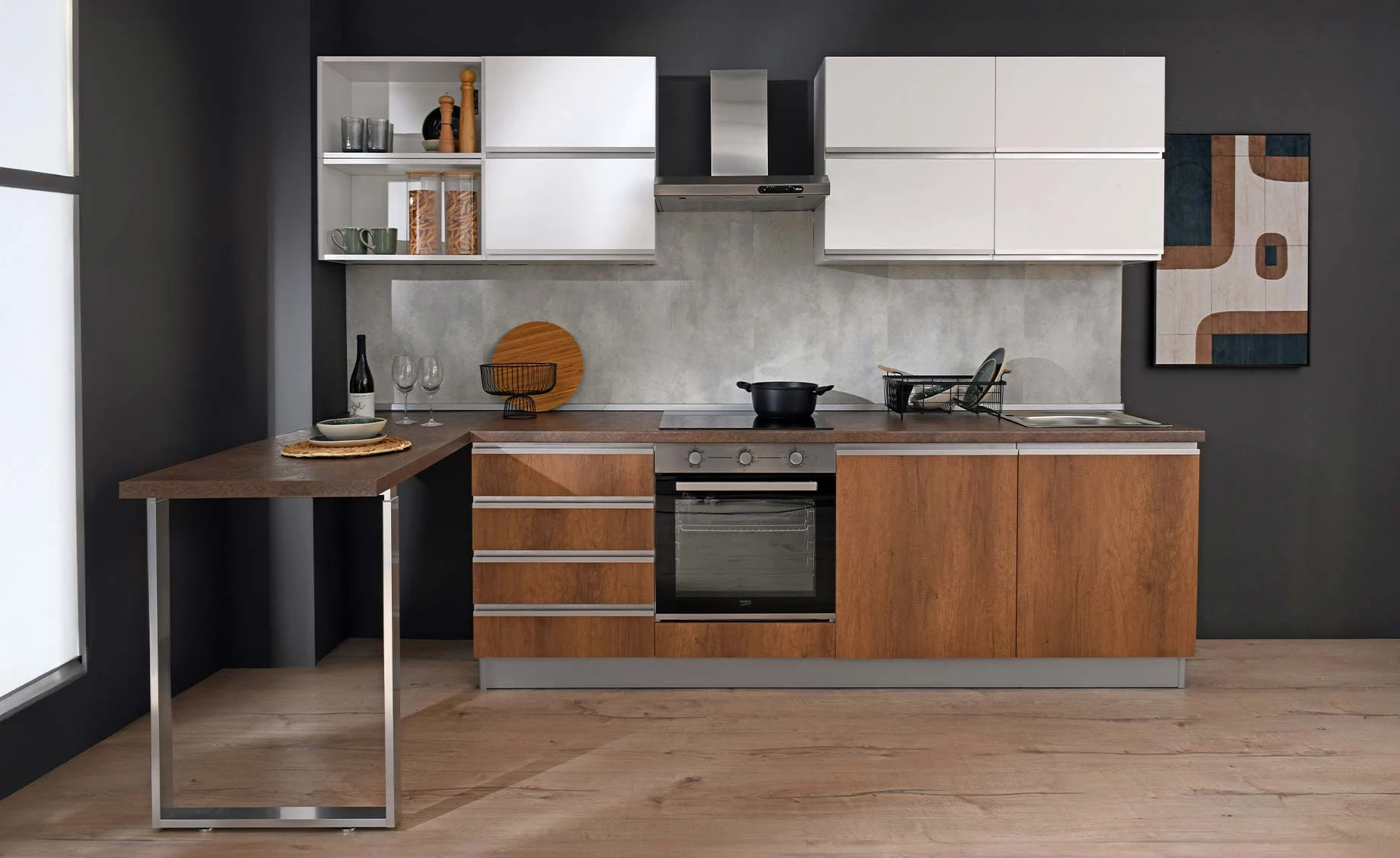 Noella blok kuhinja sa aparatima 300x150x216 hrast natur / bela mat leva