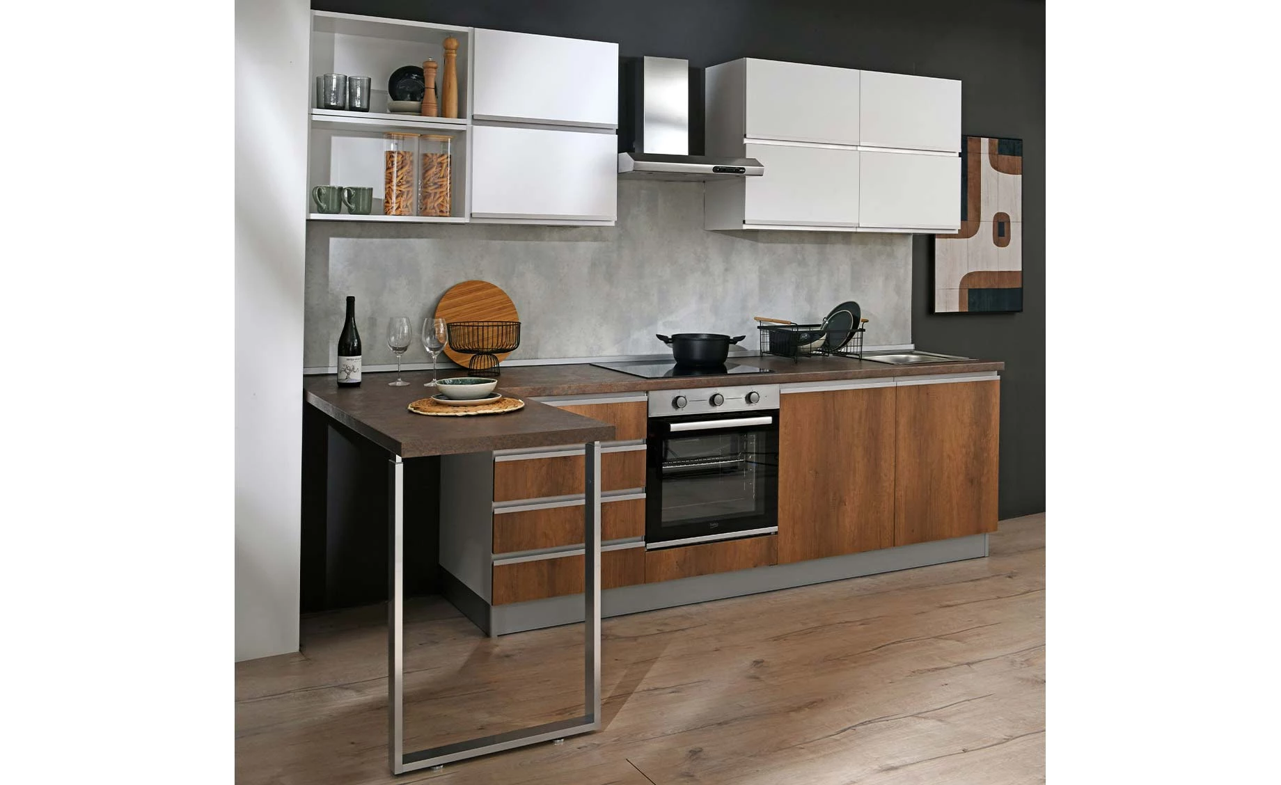 Noella blok kuhinja sa aparatima 300x150x216 hrast natur / bela mat leva