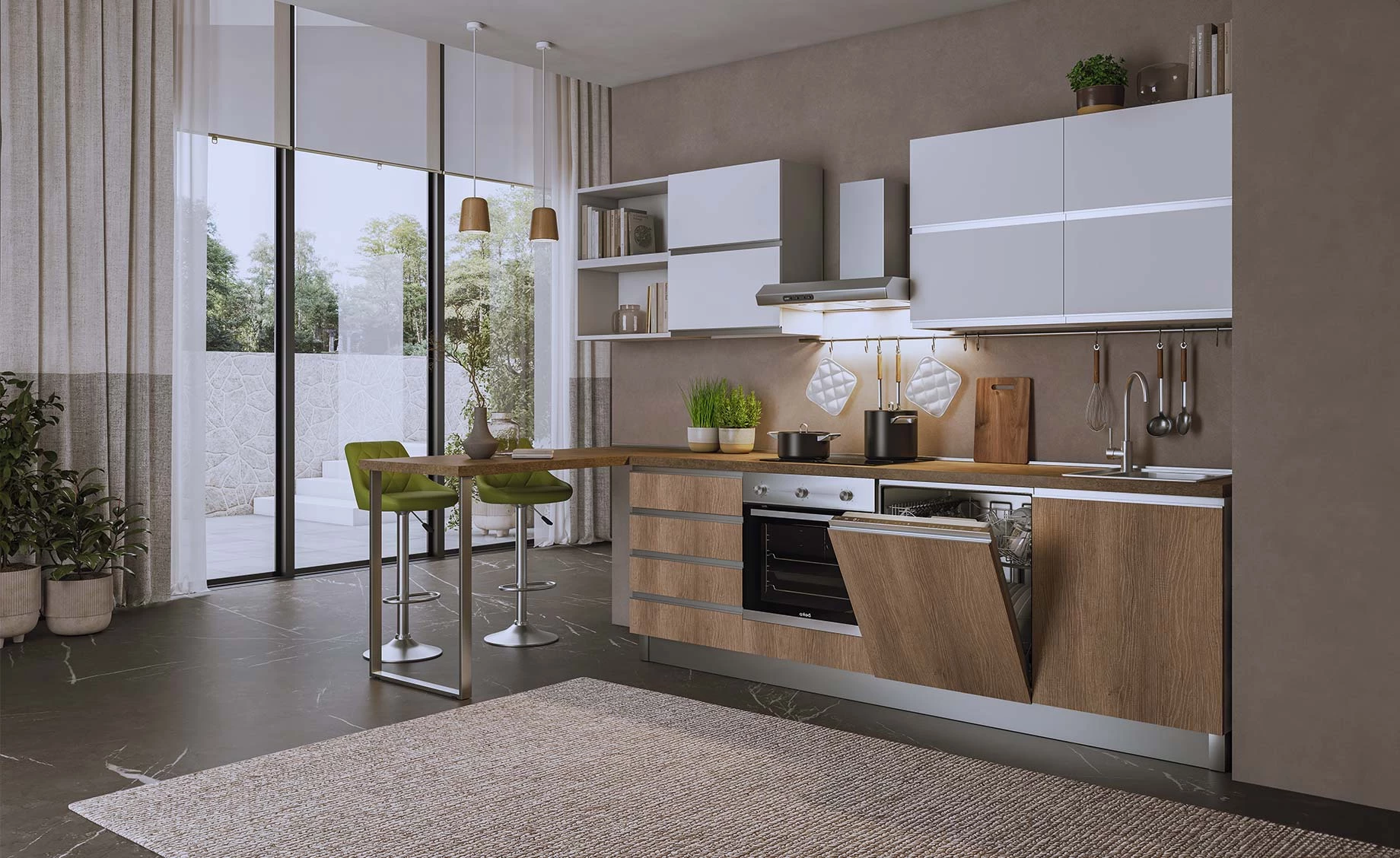 Noella blok kuhinja sa aparatima 300x150x216 hrast natur / bela mat leva