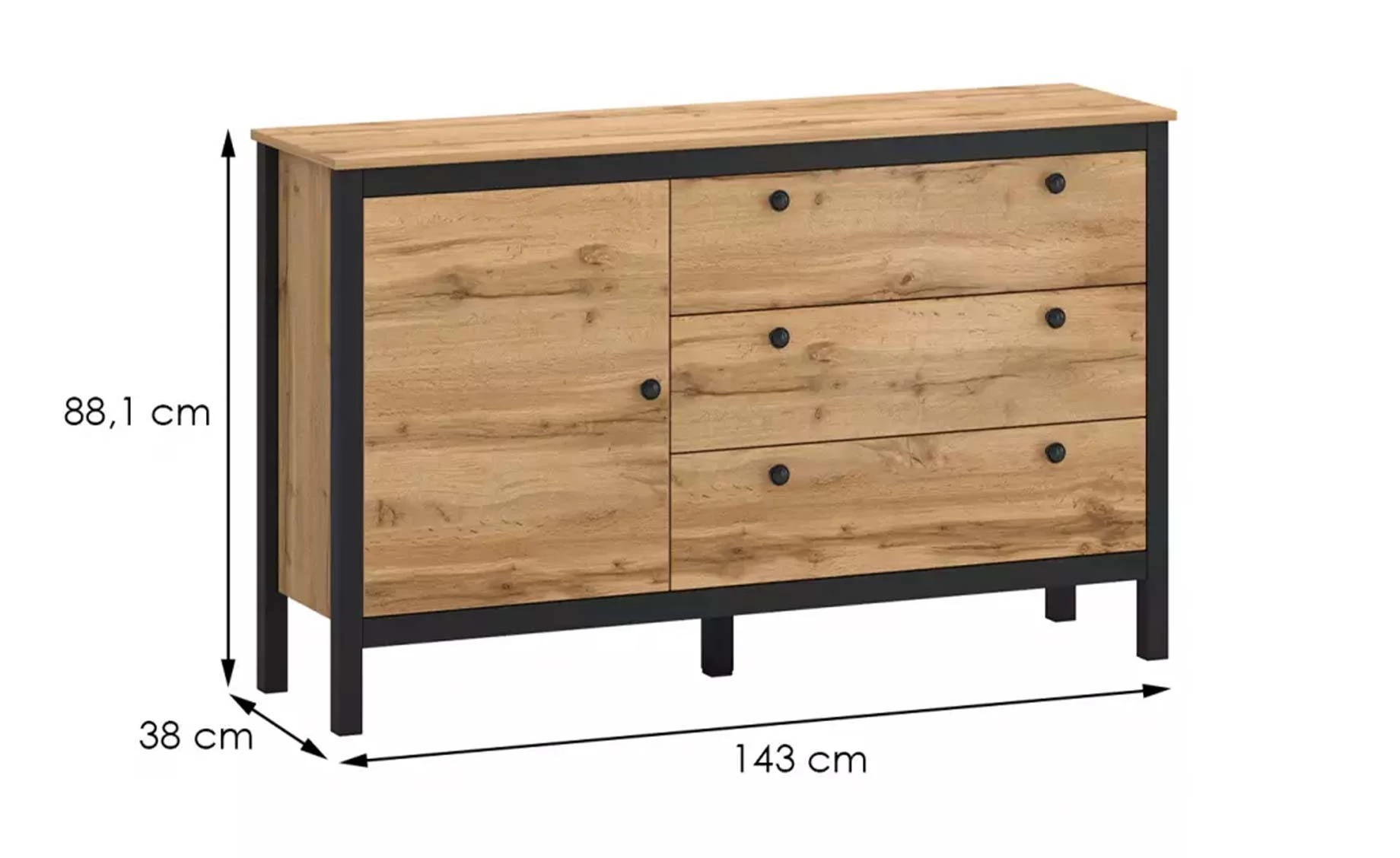 PALMER KOMODA 1V + 3 LADICE 143x38x88,1 WOTAN HRAST/CRNA