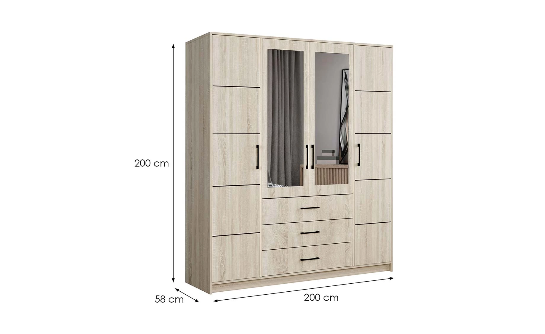 Belluno ormar 4 vrata + 3 fioke 200x58x200 cm sonoma/ogledalo