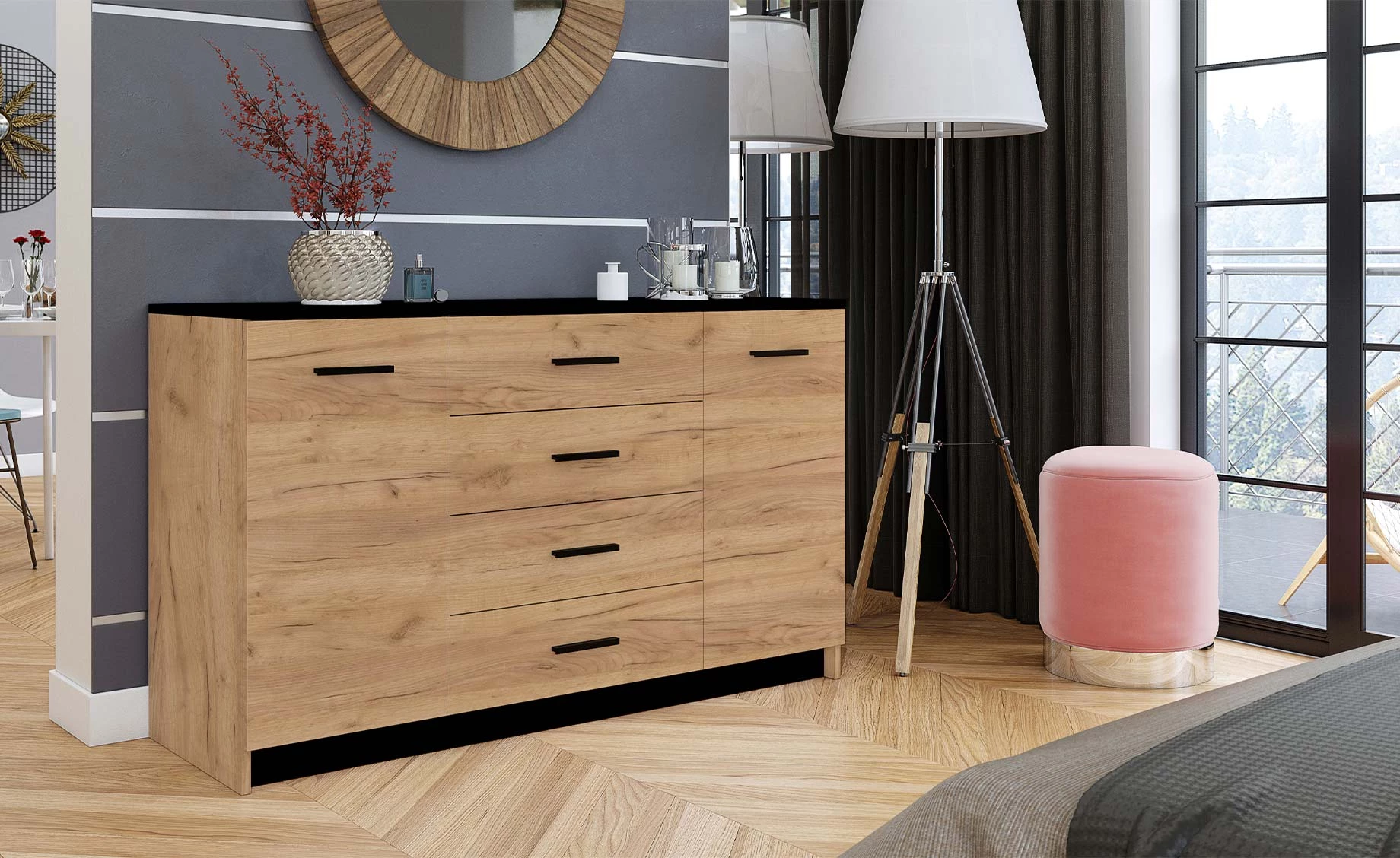 Craft komoda 140x47x86 cm hrast/crna