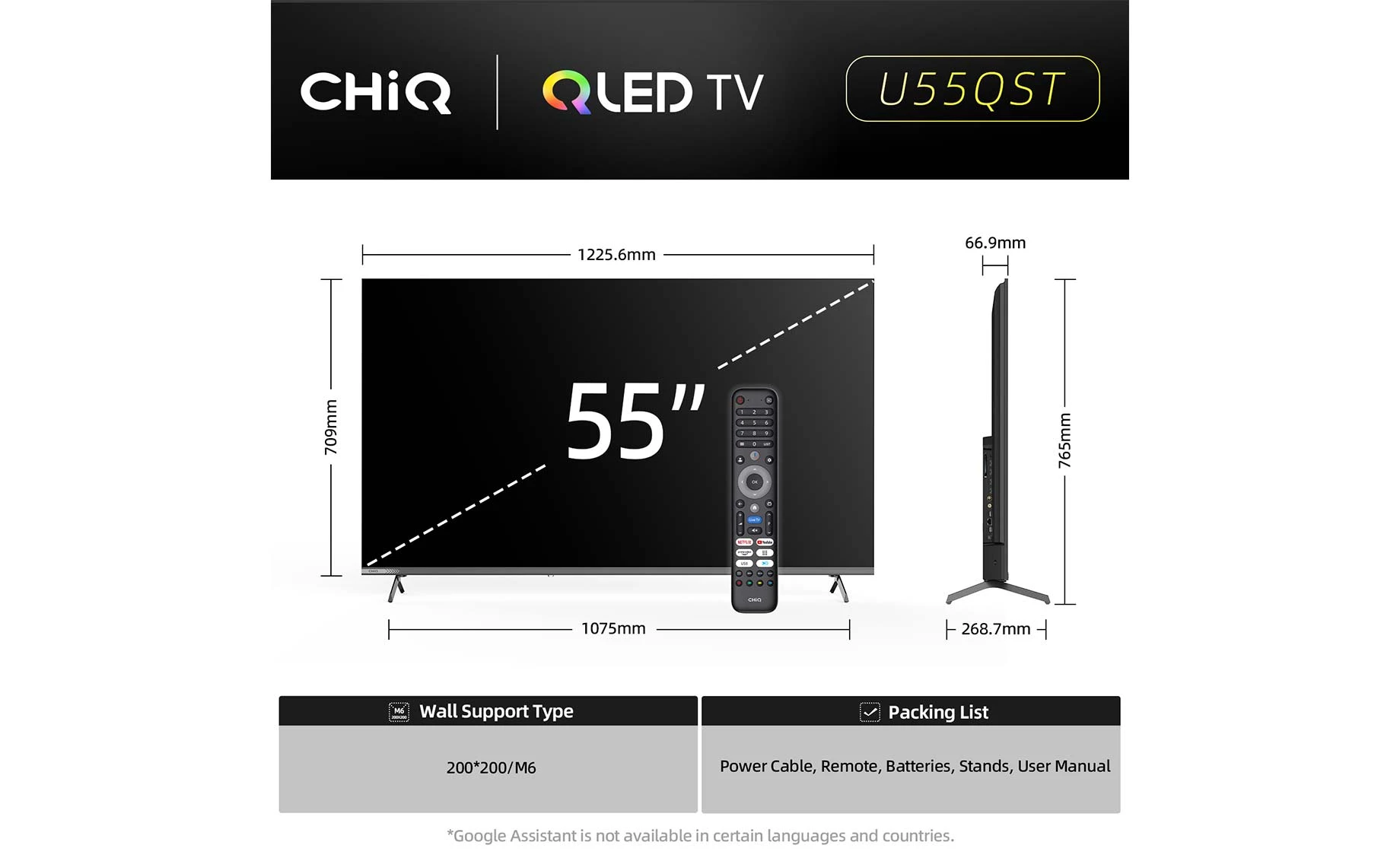 CHiQ U55QST (55"/138 cm) 4K UHD QLED 120Hz Google TV Smart TV