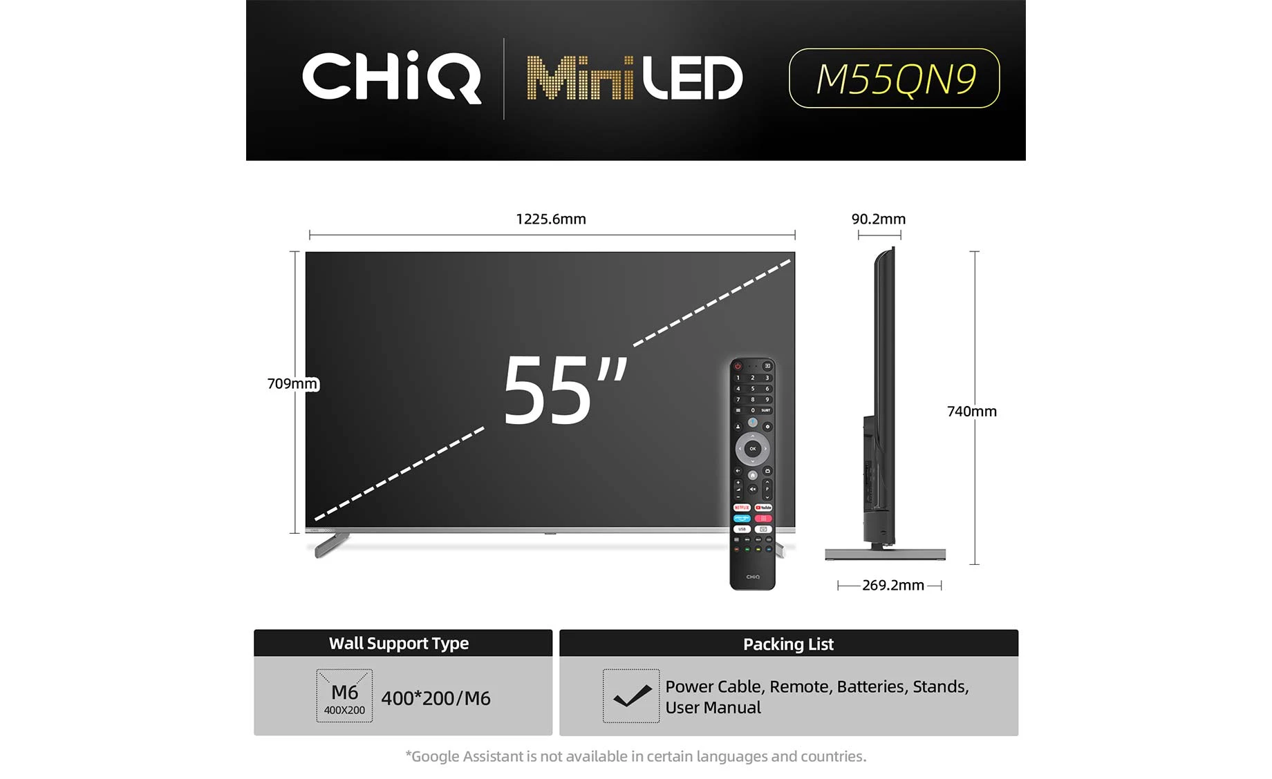 CHiQ M55QN9V (55"/139 cm) 4K Ultra HD Mini LED 120Hz gaming Google Smart TV