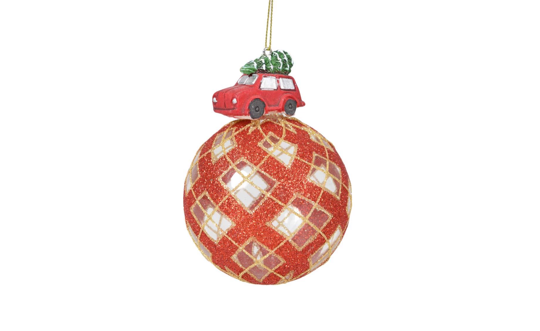 Staklena kugla 8cm red/gold stripes with car