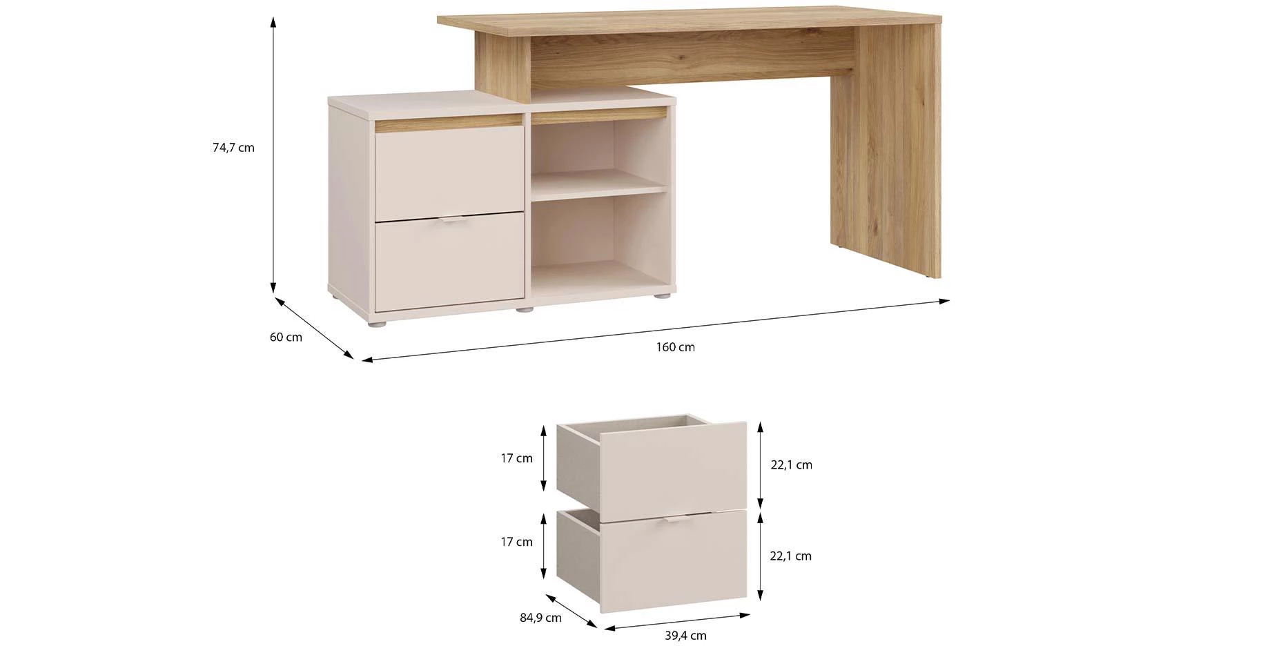 Mimatte radni stol 163.2x60x74.9 kašmir/natur