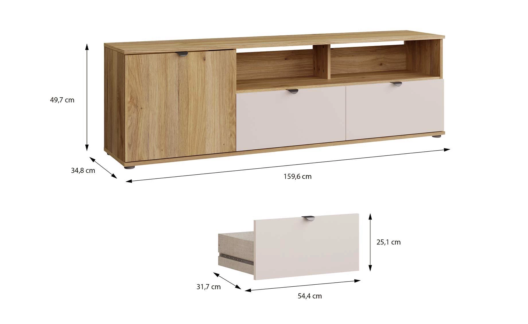 Sumica TV komoda 159,6x34,8x49,7 cm mauvella hrast/pesak