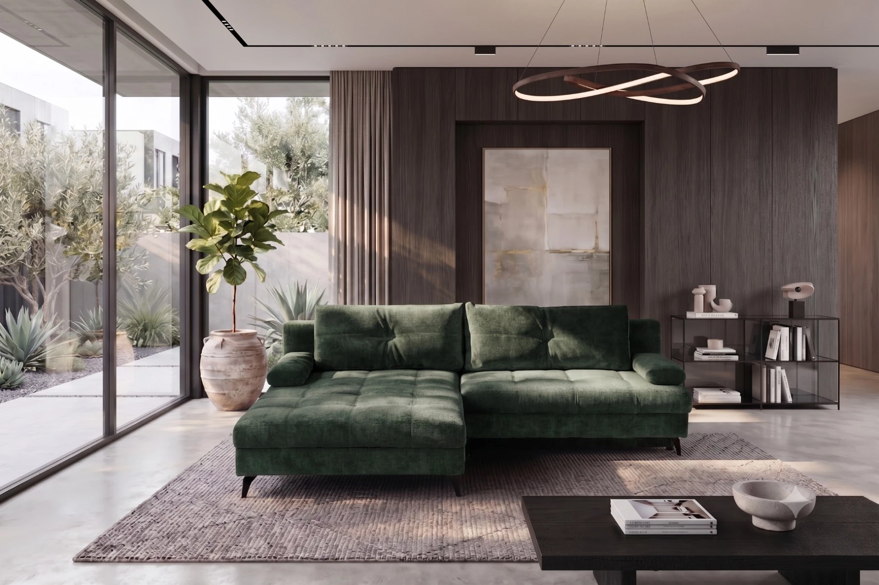 Emporio Premium ugaona garnitura sa ležajem i prostorom za odlaganje 260x190x92 cm zelena leva