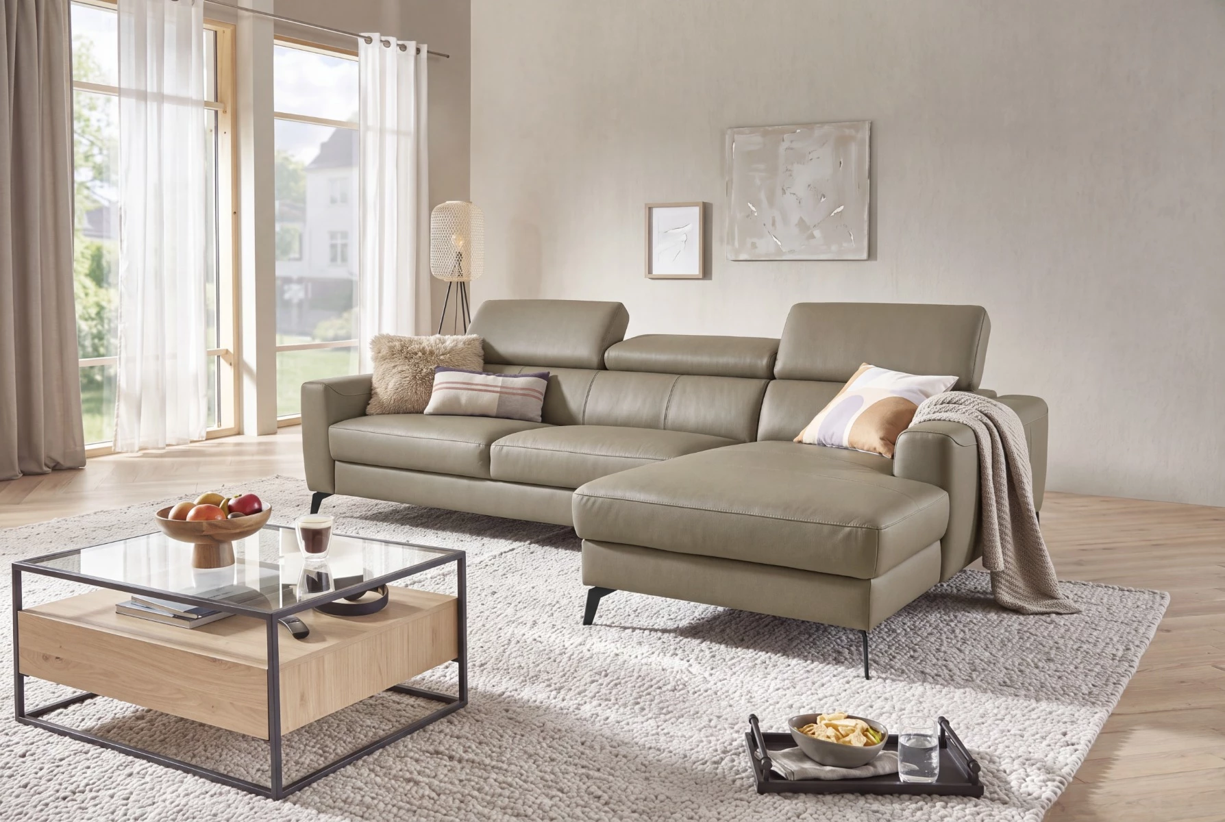 Bono ugaona garnitura sa ležajem i prostorom za odlaganje 235x179x73/97 cm taupe desna