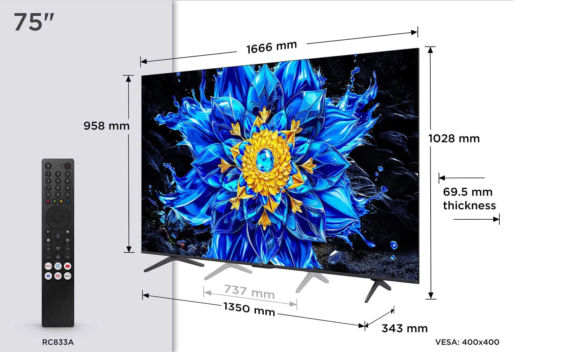 TCL 75P8L(75"/189cm) 4K UHD QD MiniLed 144Hz Gaming Google Smart TV